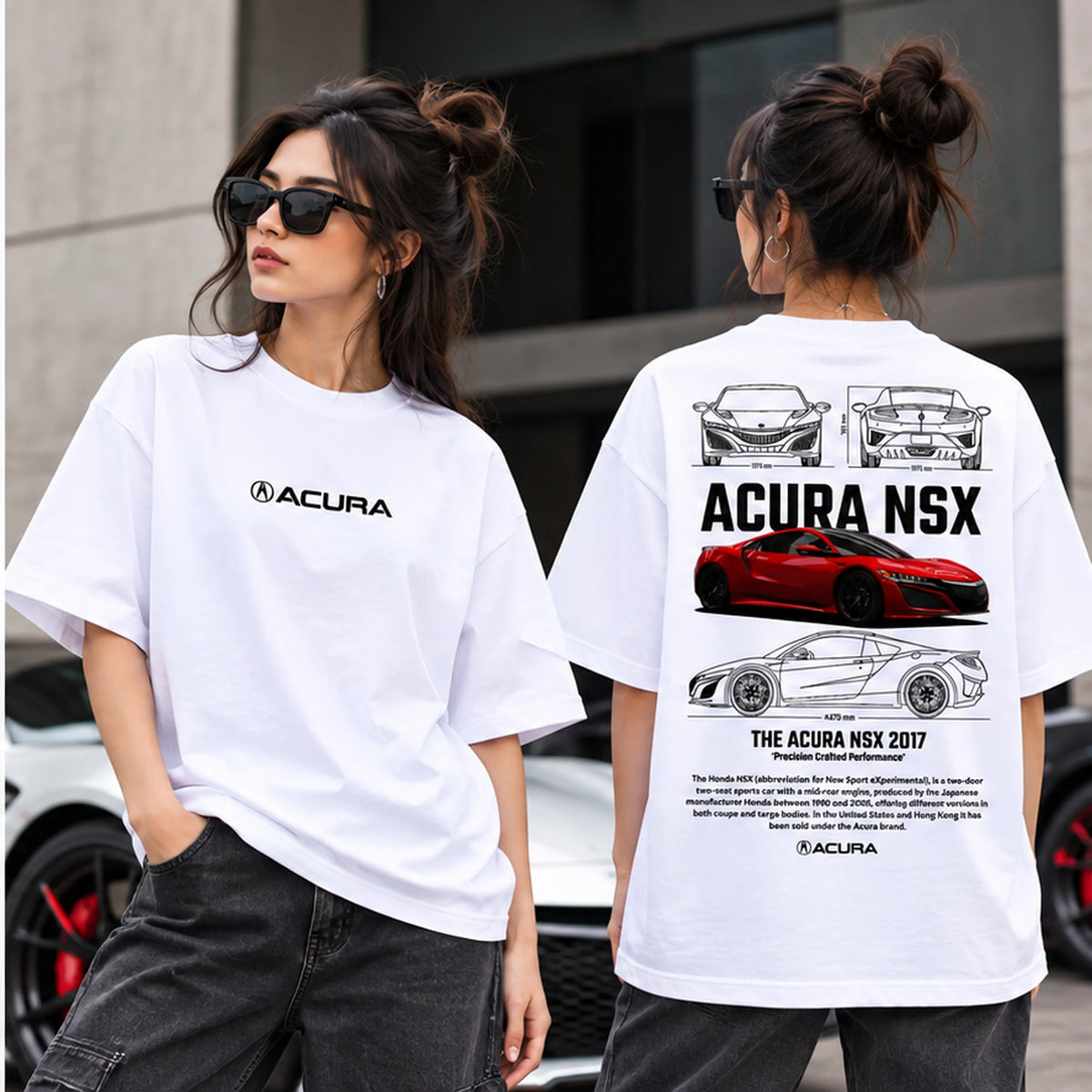 Female model wearing Acura NSX graphic oversized T-shirt