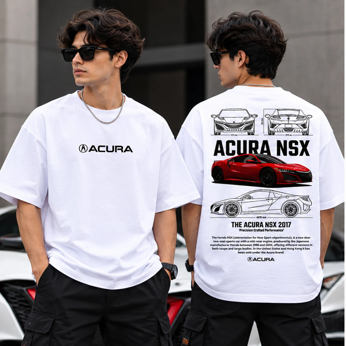 Male model wearing Acura NSX graphic oversized T-shirt