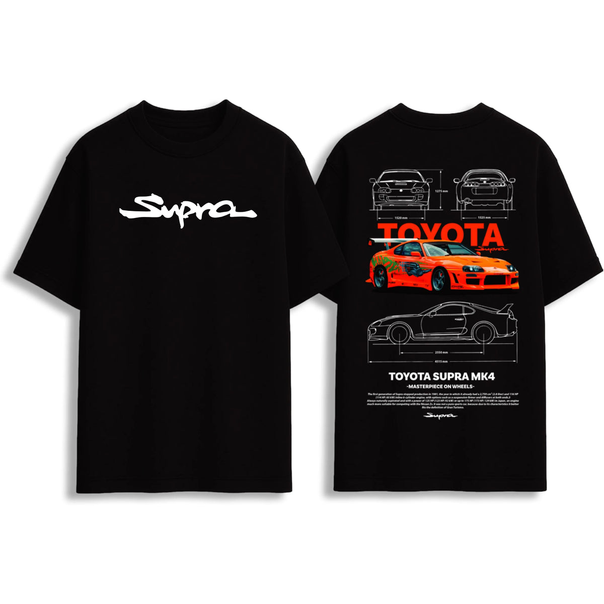 Black Toyota Supra MK4 blueprint car graphic oversize T-shirt front and back