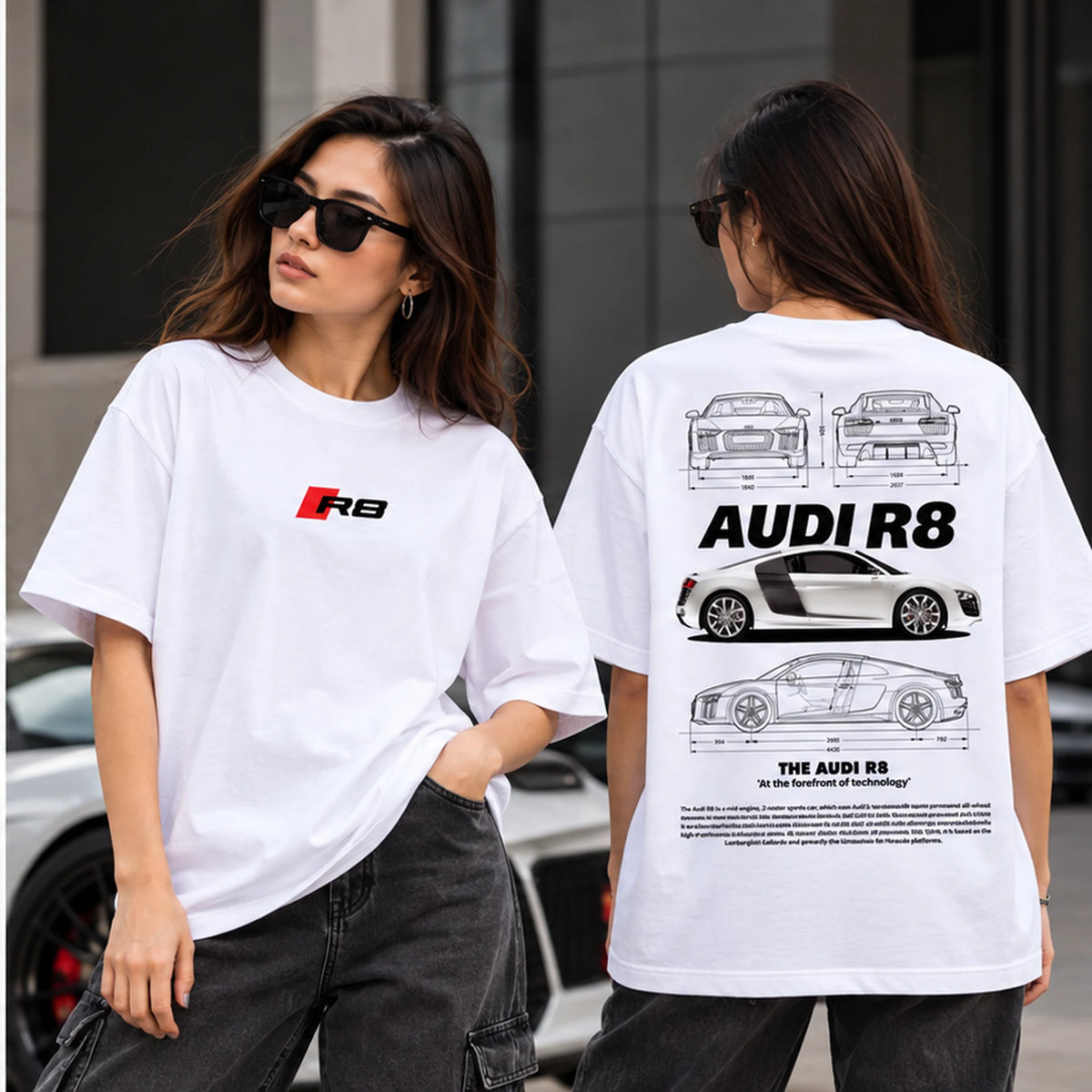 Female model wearing Audi R8 graphic oversized T-shirt