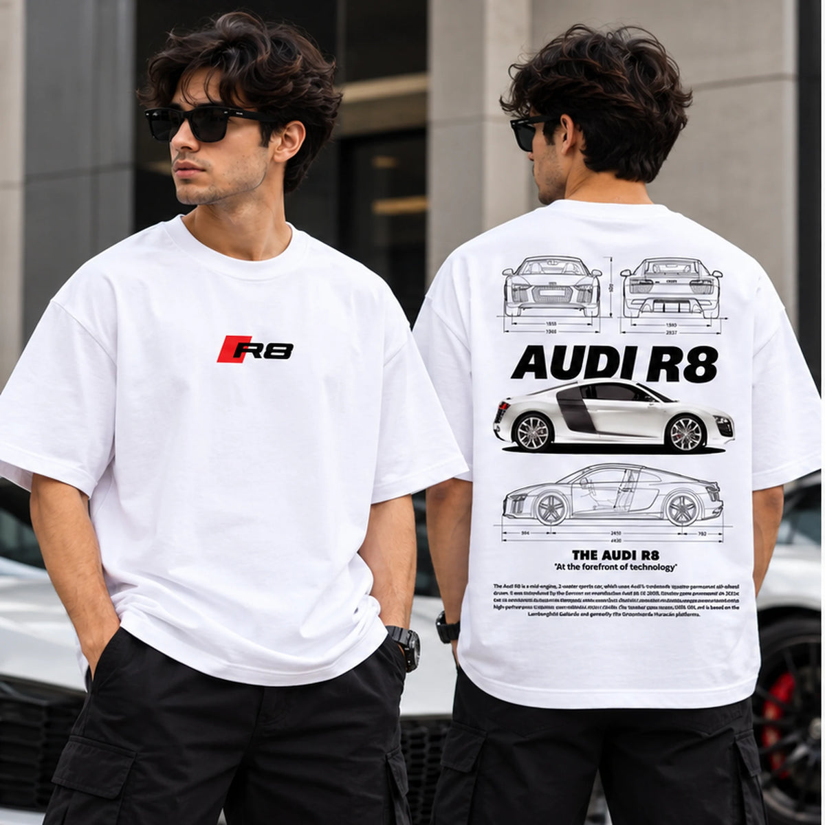 Male model wearing Audi R8 graphic oversized T-shirt