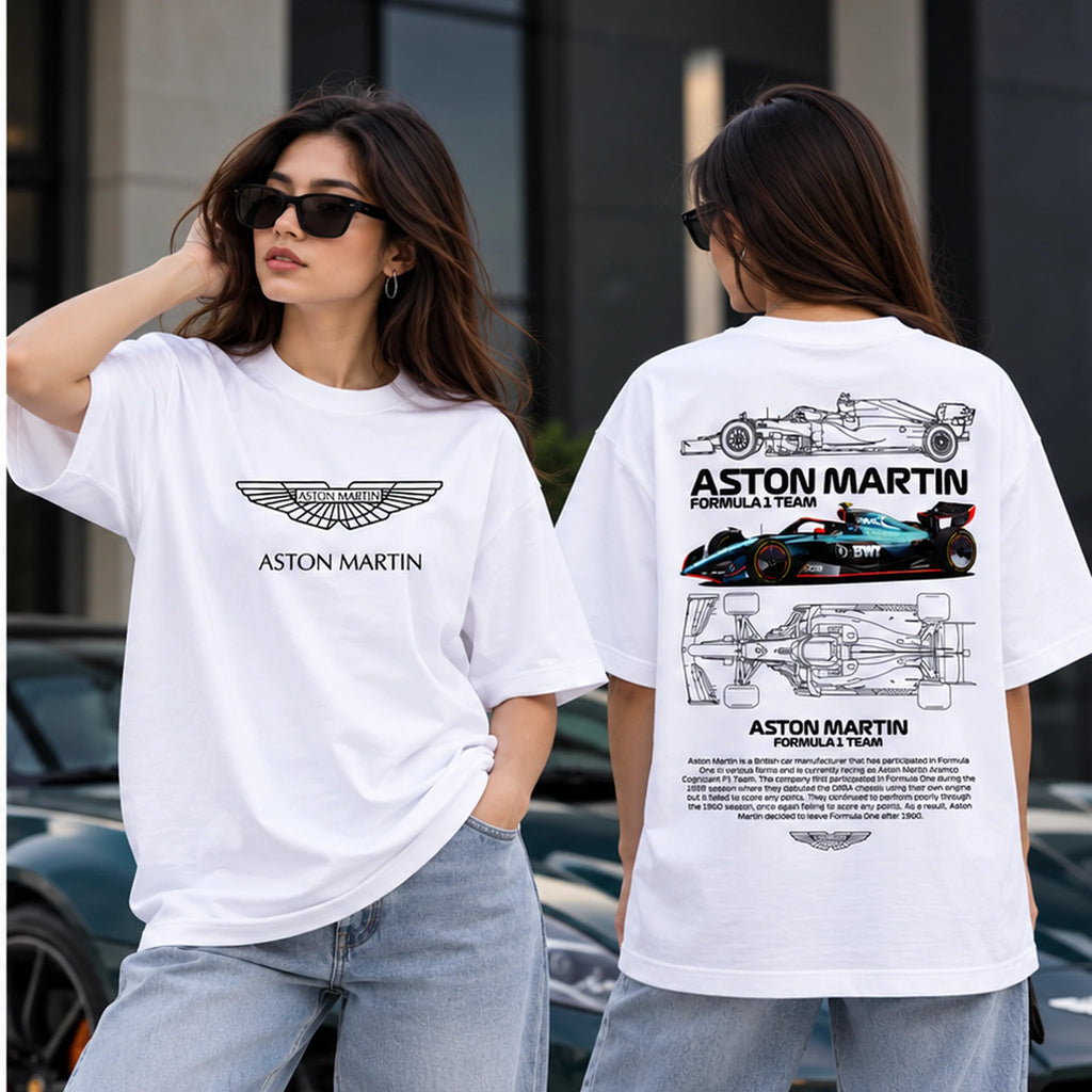 Female model wearing Aston Martin Formula 1 graphic oversized T-shirt