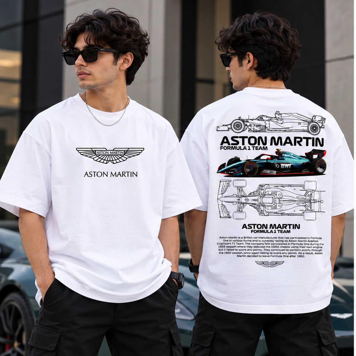 Male model wearing Aston Martin Formula 1 graphic oversized T-shirt