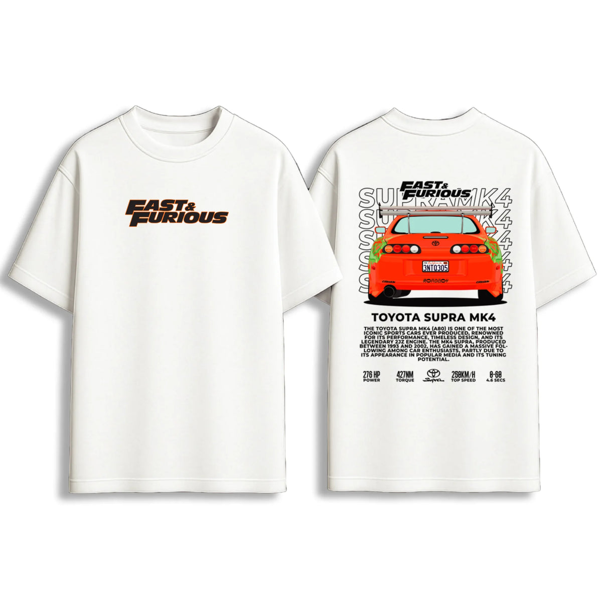 White Toyota Supra MK4 graphic oversize T-shirt front and back