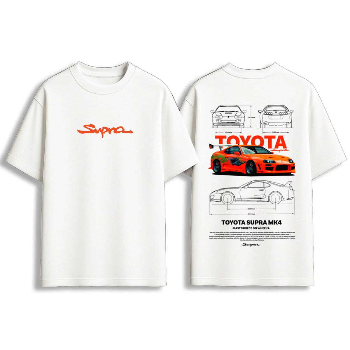 White Toyota Supra MK4 blueprint car graphic oversize T-shirt front and back