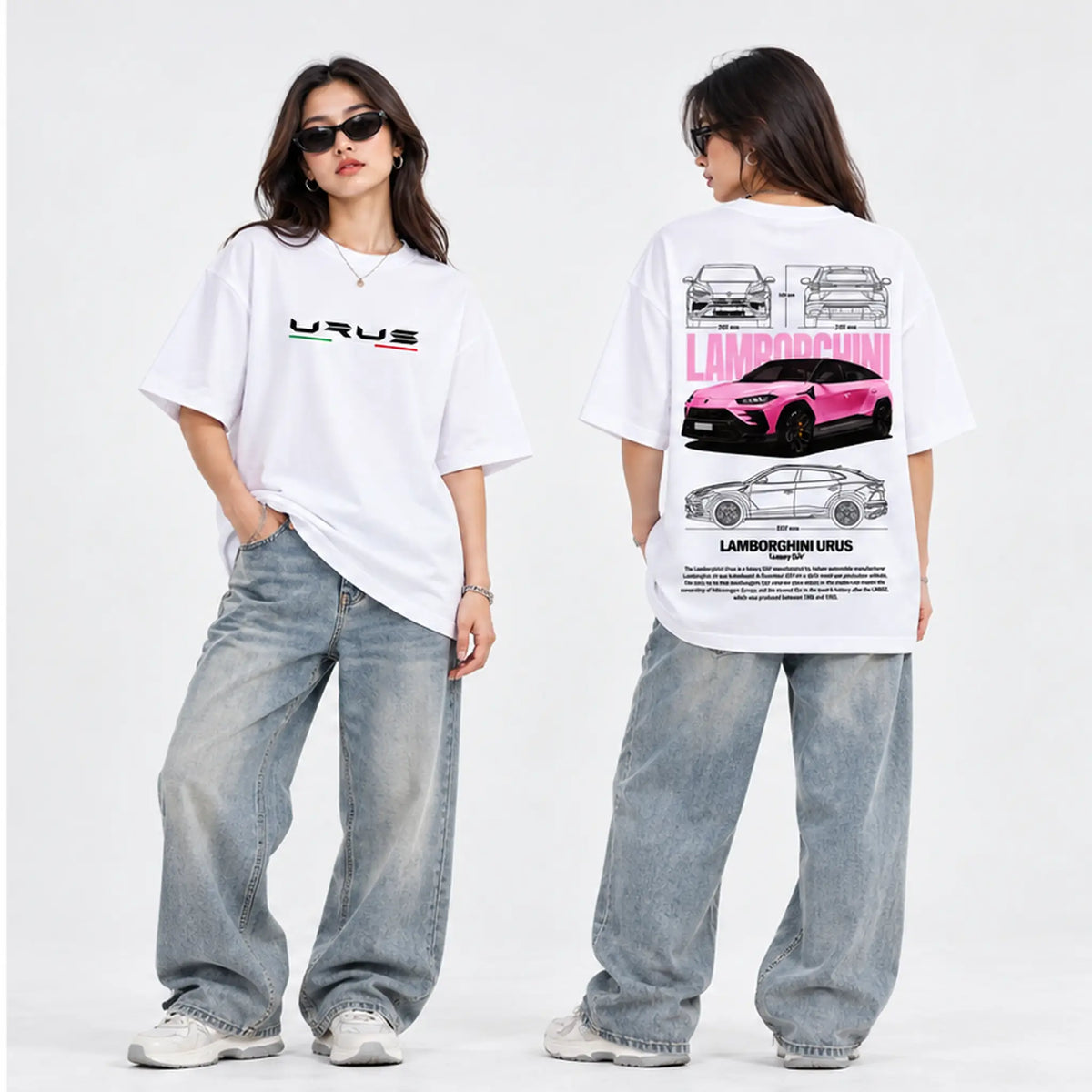Female model wearing Lamborghini Urus graphic oversized T-shirt