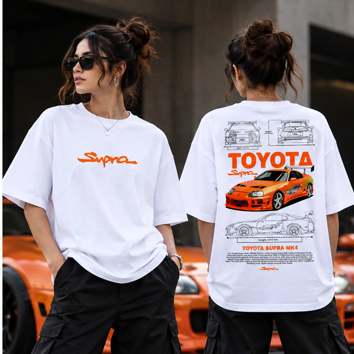 Female model wearing white Toyota Supra MK4 blueprint oversized T-shirt