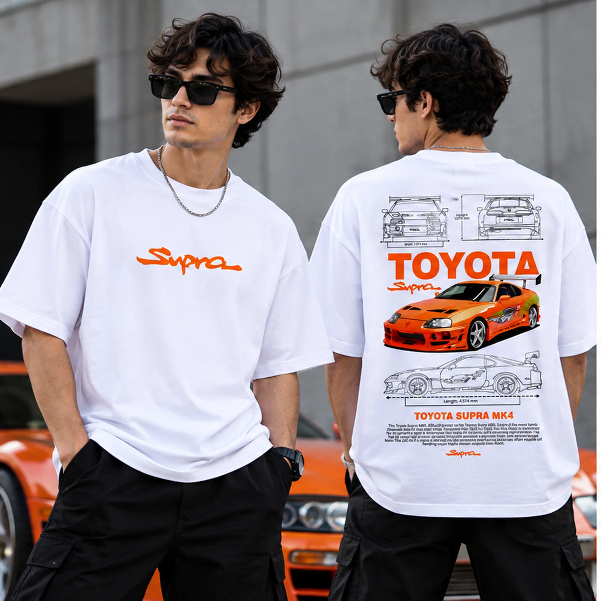 Male model wearing white Toyota Supra MK4 blueprint oversized T-shirt