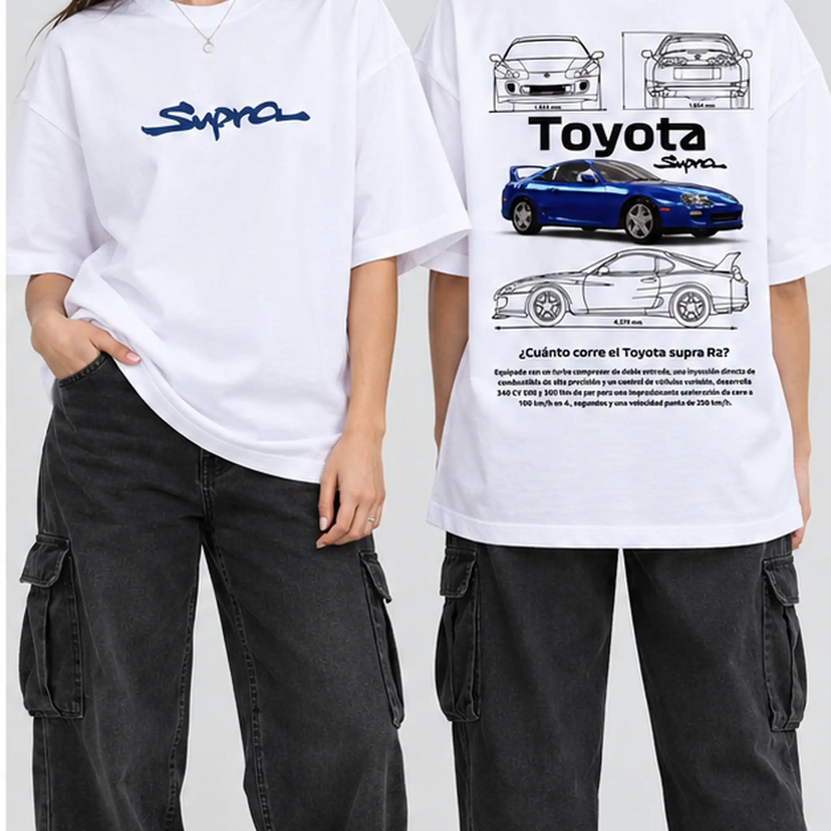 Female model wearing Toyota Supra blueprint graphic oversized T-shirt