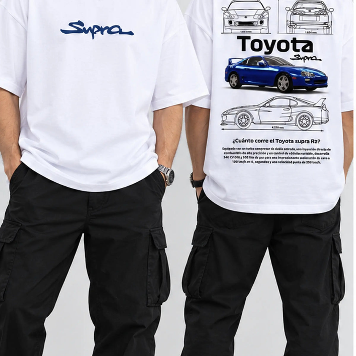 Male model wearing Toyota Supra blueprint graphic oversized T-shirt